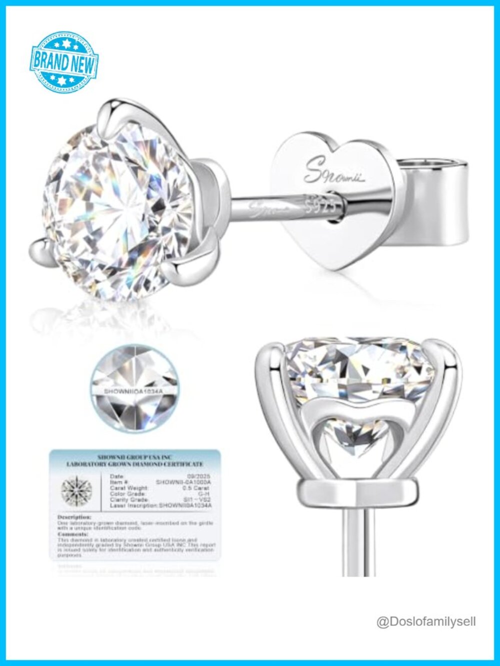 Lab Grown Diamond Stud Earrings 14K Plated 925 Silver Push Back
